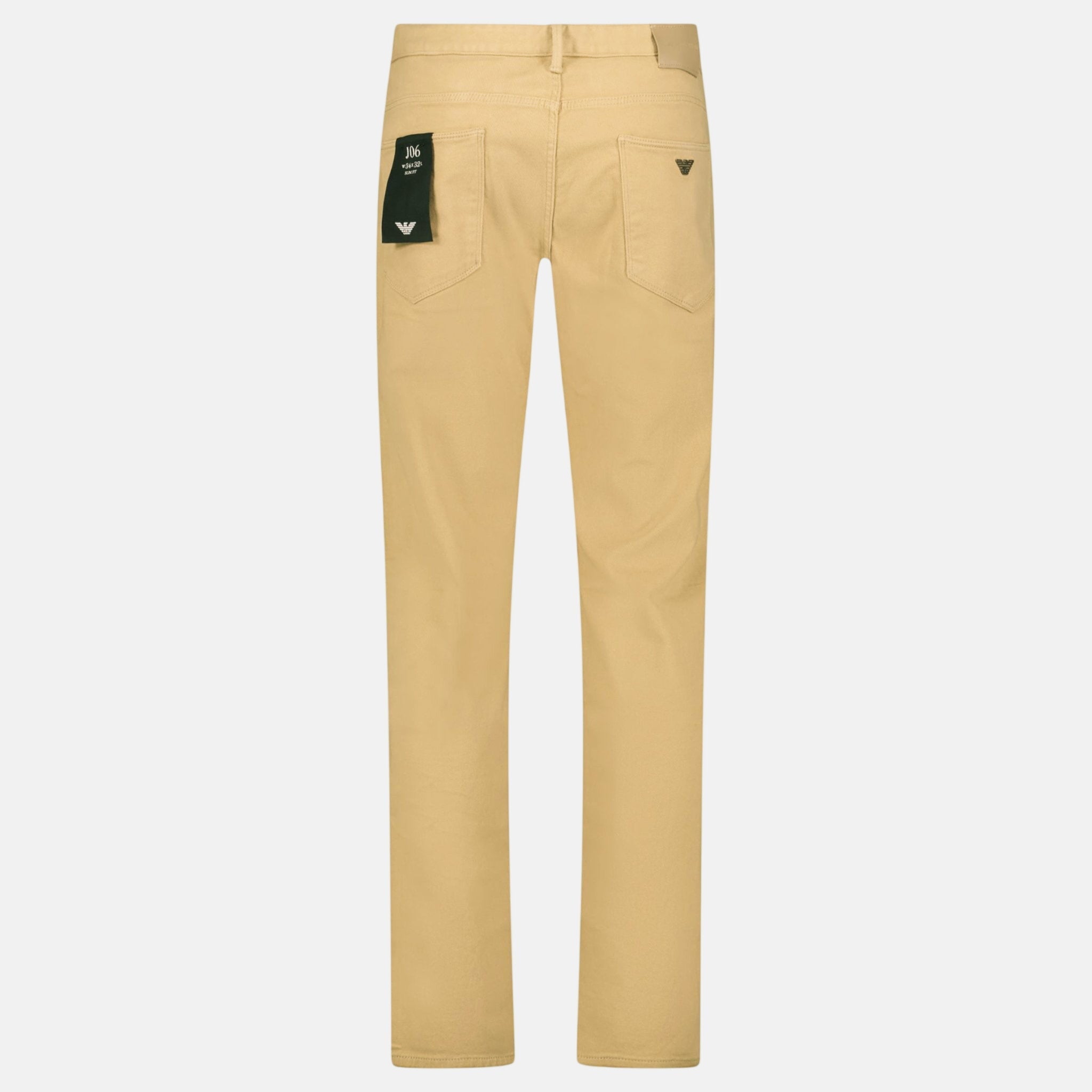 Emporio Armani J06 Slim Fit 5 Pocket Silver Eagle Belt Patch Jeans Beige – Box 4 | Studio DOS by Designer Outlet Sales
