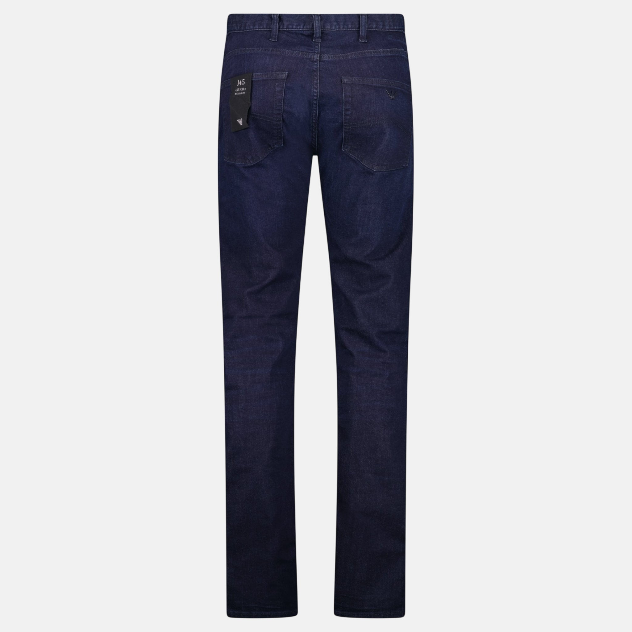 Emporio Armani J45 Regular Fit 5 Pocket Black Eagle Distressed Belt Patch Jeans Dark Blue – sku-55553680966013 | Studio DOS by Designer Outlet Sales