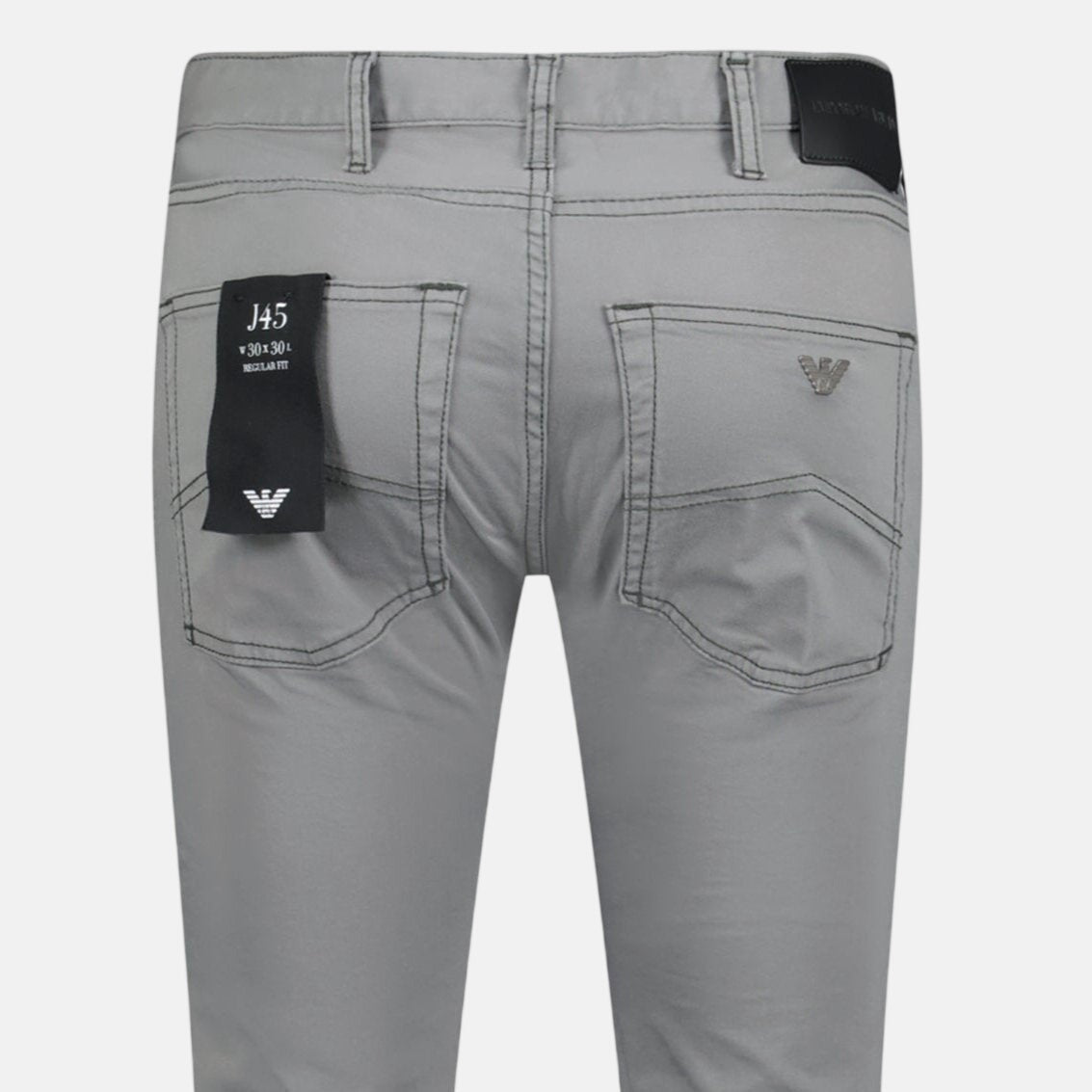 Emporio Armani J45 Slim Fit 5 Pocket Silver Eagle Black Belt Patch Jeans Grey – C89 | Studio DOS by Designer Outlet Sales