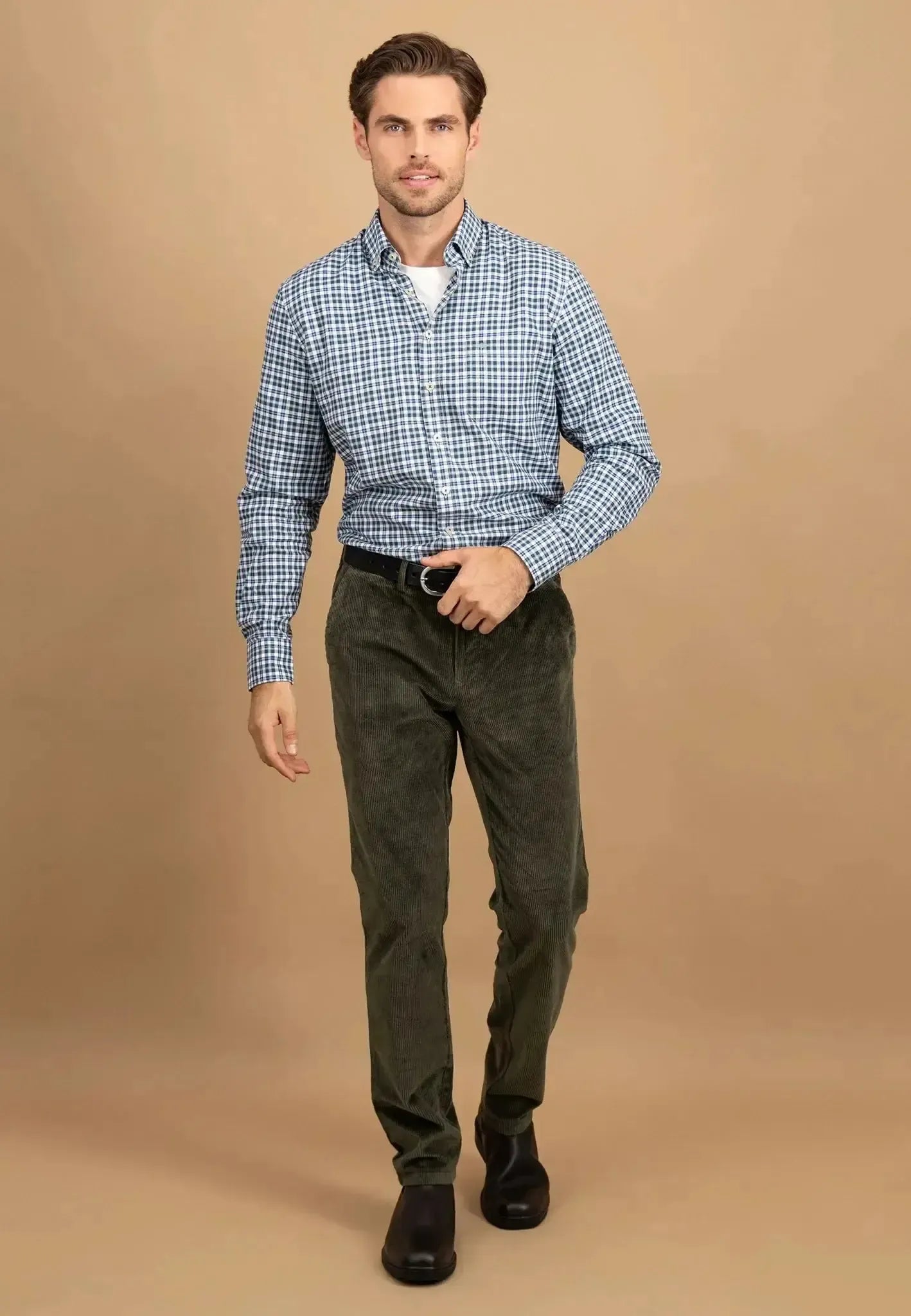 Fynch - Hatton Mens Washed Oxford Check Button Down Shirt Fern – 15088690-734-S | Studio DOS by Designer Outlet Sales