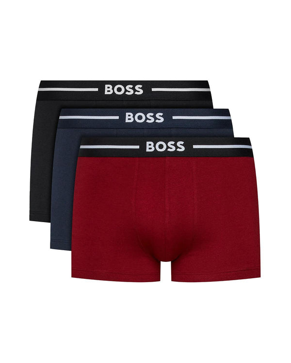 HUGO BOSS MENS 3 PACK BOLD TRUNKS BLACK BURGUNDY NAVY-Designer Outlet Sales