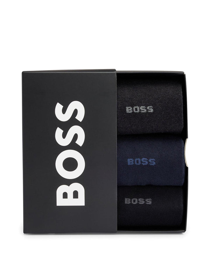 HUGO BOSS MENS 3 PACK GIFT SET SOCKS BLACK NAVY GREY-Designer Outlet Sales