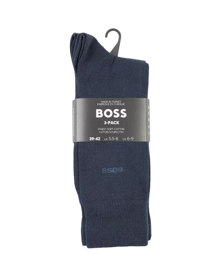 HUGO BOSS MENS 3 PACK LOGO CALF SOCKS DARK BLUE-Designer Outlet Sales