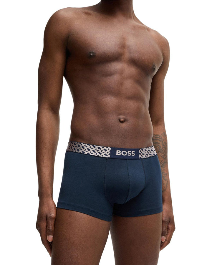 HUGO BOSS MENS 3 PACK MONOGRAM TRUNKS NAVY BLACK-Designer Outlet Sales