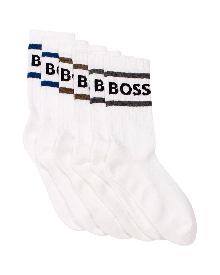 HUGO BOSS MENS 3 PACK RIBBED STRIPE LOGO SOCKS WHITE MIXED-Designer Outlet Sales