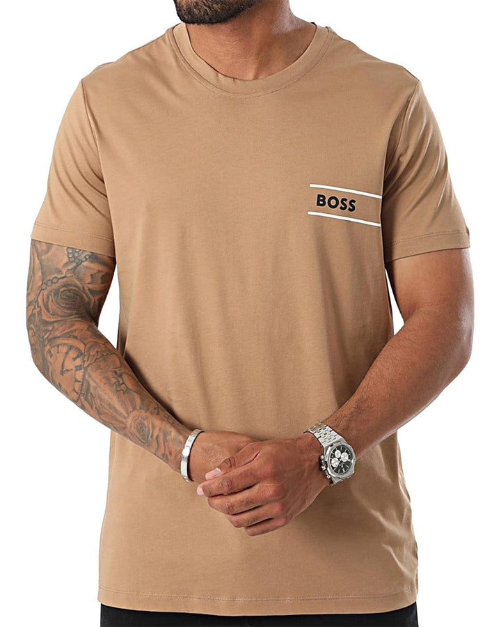 HUGO BOSS MENS CREST STRIPE LOGO T-SHIRT SAND-Designer Outlet Sales