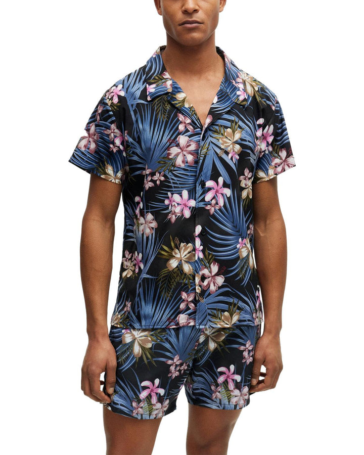 HUGO BOSS MENS FLORAL PRINT BEACH SHIRT BLUE BLACK-Designer Outlet Sales