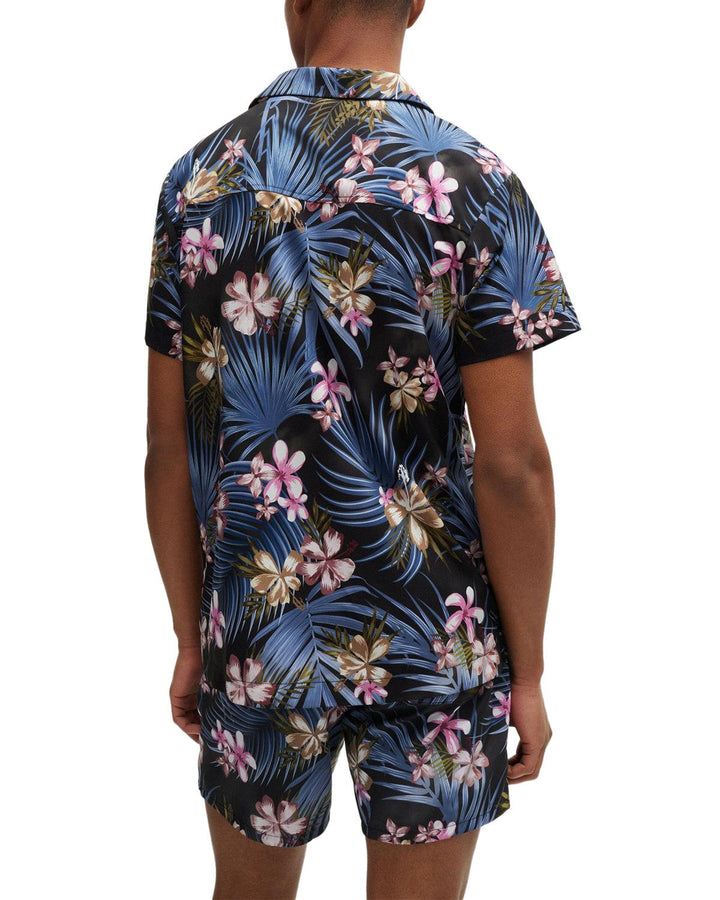 HUGO BOSS MENS FLORAL PRINT BEACH SHIRT BLUE BLACK-Designer Outlet Sales