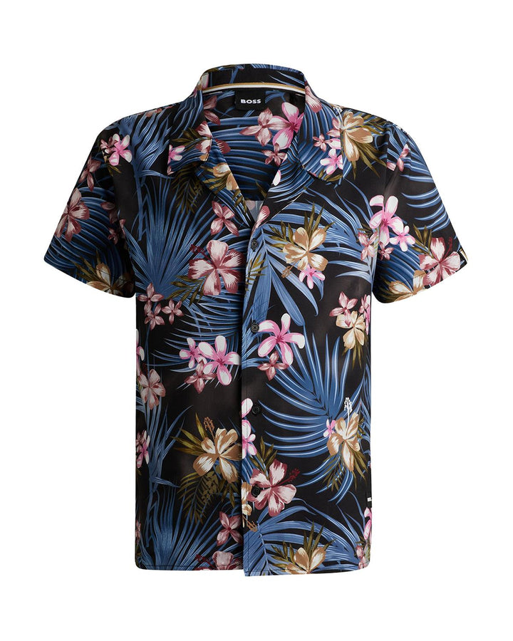 HUGO BOSS MENS FLORAL PRINT BEACH SHIRT BLUE BLACK-Designer Outlet Sales