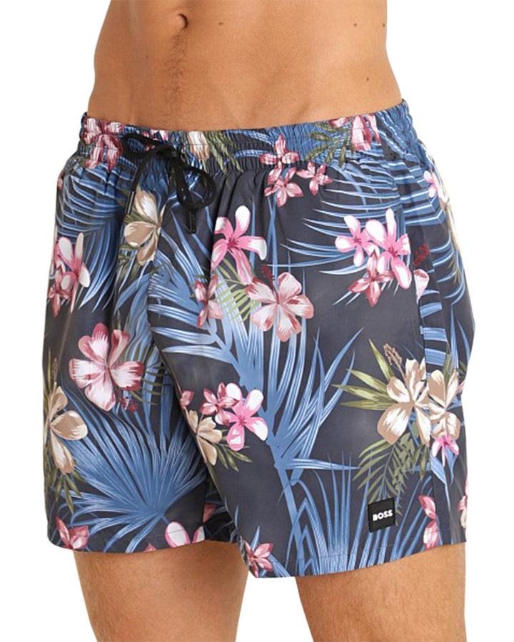 HUGO BOSS MENS FULLY LINED FLORAL PRINT SWIM SHORTS BLUE BLACK-Designer Outlet Sales