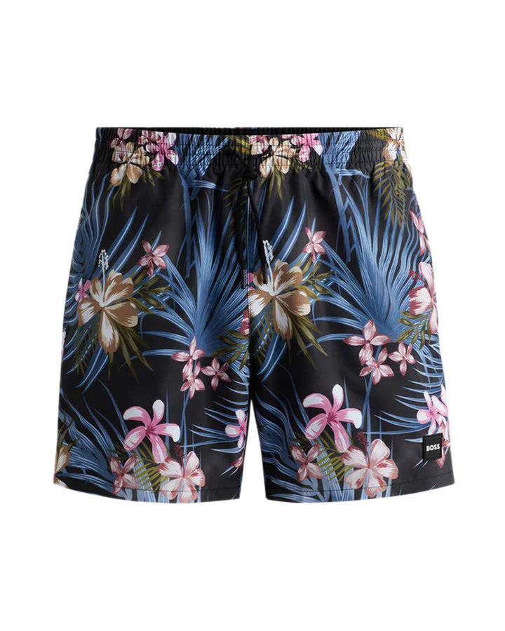 HUGO BOSS MENS FULLY LINED FLORAL PRINT SWIM SHORTS BLUE BLACK-Designer Outlet Sales