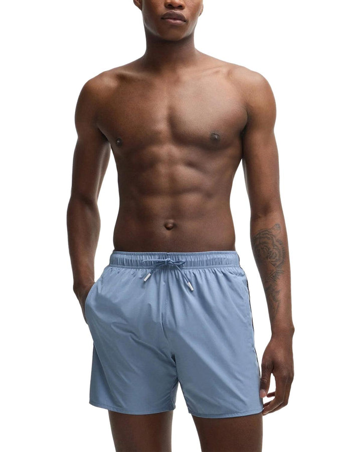 HUGO BOSS MENS FULLY LINED SIGNATURE STRIPE SWIM SHORTS OPEN BLUE-Designer Outlet Sales