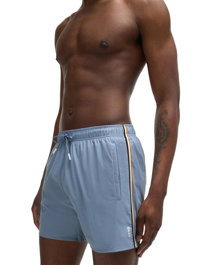 HUGO BOSS MENS FULLY LINED SIGNATURE STRIPE SWIM SHORTS OPEN BLUE-Designer Outlet Sales