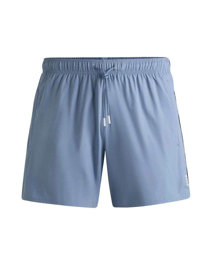 HUGO BOSS MENS FULLY LINED SIGNATURE STRIPE SWIM SHORTS OPEN BLUE-Designer Outlet Sales