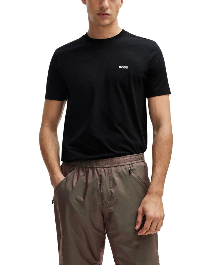 HUGO BOSS MENS STRETCH COTTON RAISED LOGO T-SHIRT BLACK-Designer Outlet Sales