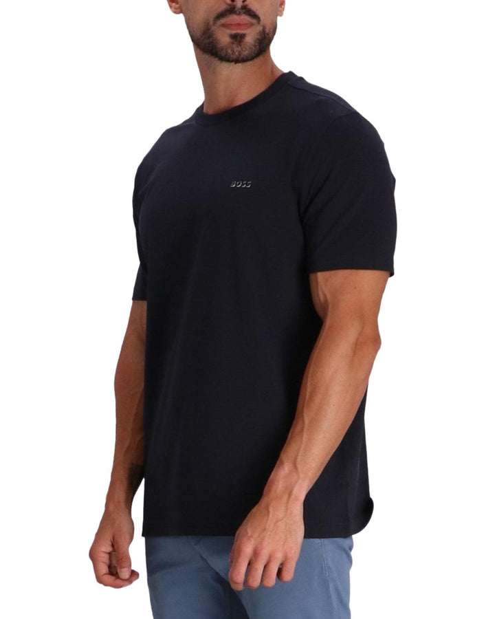 HUGO BOSS MENS STRETCH COTTON RAISED LOGO T-SHIRT DARK BLUE-Designer Outlet Sales