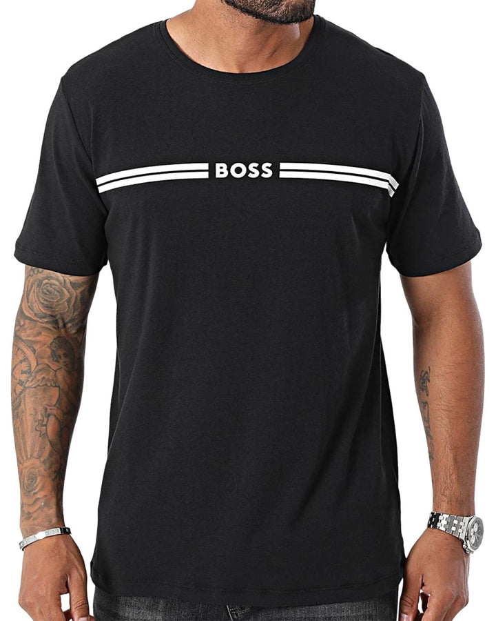 HUGO BOSS MENS STRETCH COTTON STRIPE LOGO T-SHIRT BLACK-Designer Outlet Sales