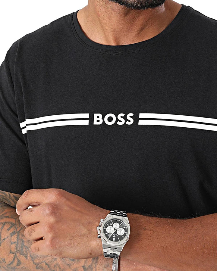 HUGO BOSS MENS STRETCH COTTON STRIPE LOGO T-SHIRT BLACK-Designer Outlet Sales