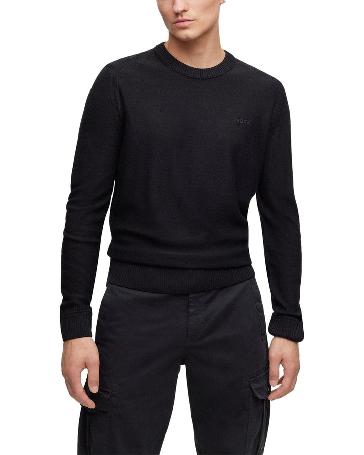 HUGO BOSS MENS WOOL BLEND EMBROIDERED LOGO SWEATER BLACK-Designer Outlet Sales