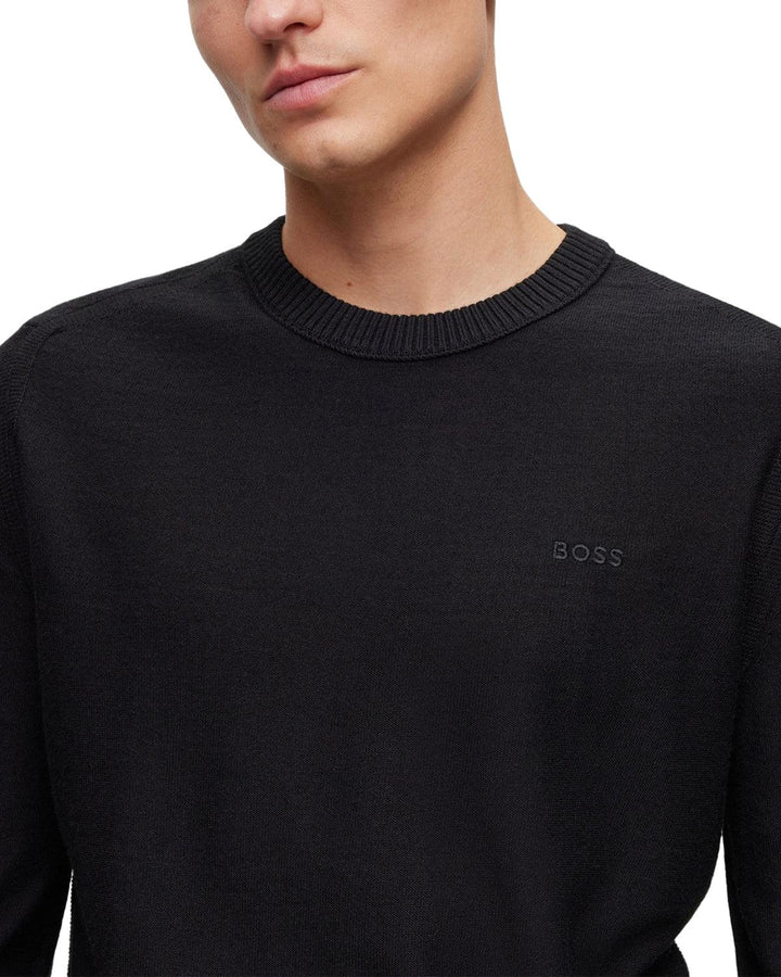 HUGO BOSS MENS WOOL BLEND EMBROIDERED LOGO SWEATER BLACK-Designer Outlet Sales