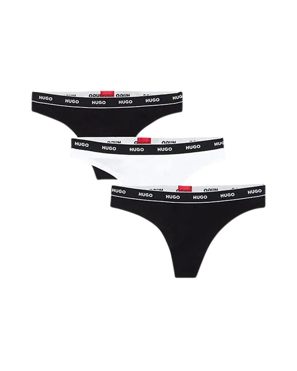 HUGO WOMENS 3 PACK THONGS BLACK WHITE-Designer Outlet Sales