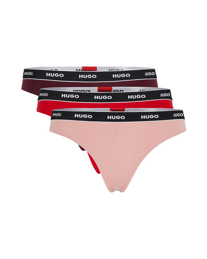 HUGO WOMENS 3 PACK THONGS BURGUNDY RED PINK-Designer Outlet Sales