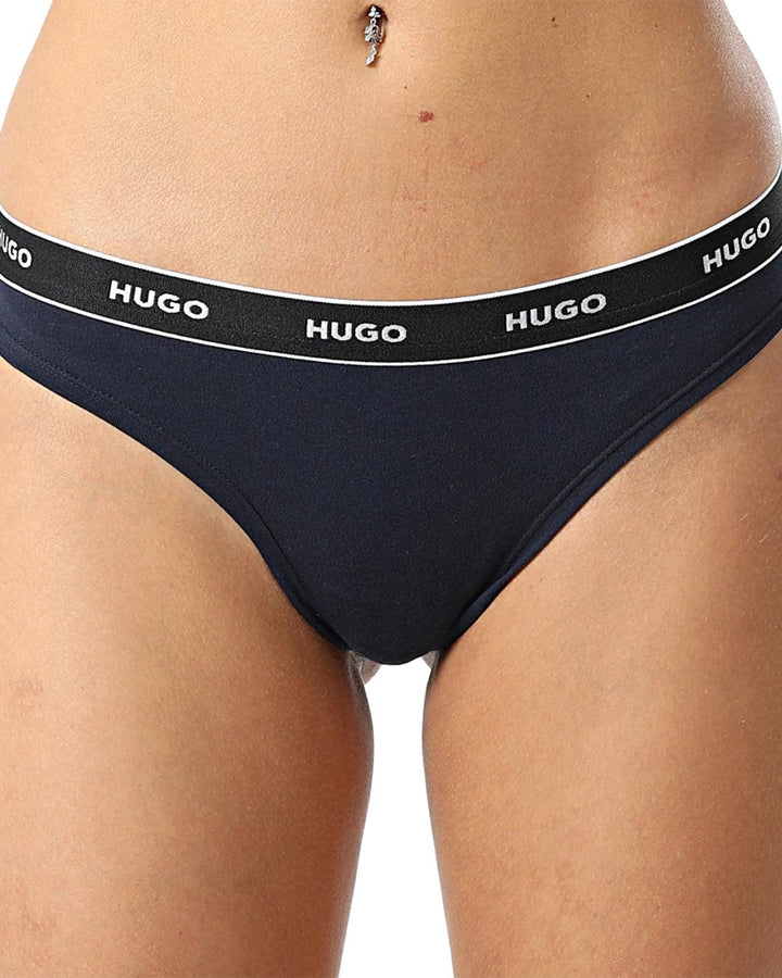 HUGO WOMENS 3 PACK THONGS NAVY WHITE BLUE-Designer Outlet Sales