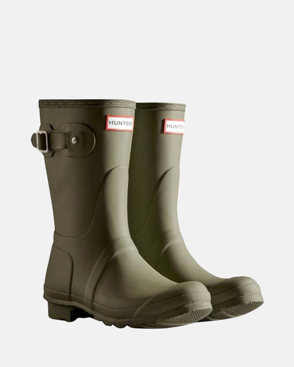 HUNTER WOMENS ORIGINAL SHORT TRI-COLOUR LOGO BOOTS LITCHEN GREEN