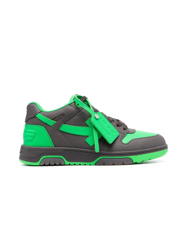 OFF-WHITE MENS OUT OF OFFICE LEATHER TRAINERS BLACK GREEN-Designer Outlet Sales