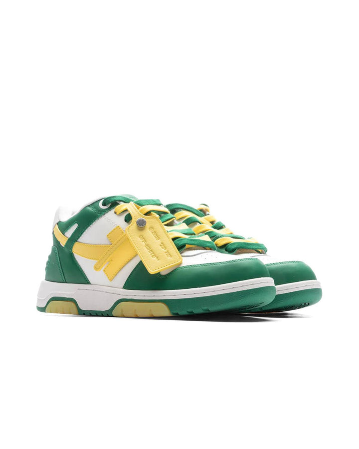 OFF-WHITE MENS OUT OF OFFICE SPECIAL LEATHER TRAINERS GREEN YELLOW-Designer Outlet Sales