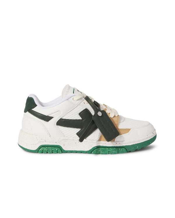 OFF-WHITE MENS SLIM OUT OF OFFICE LEATHER MESH TRAINERS WHITE GREEN-Designer Outlet Sales