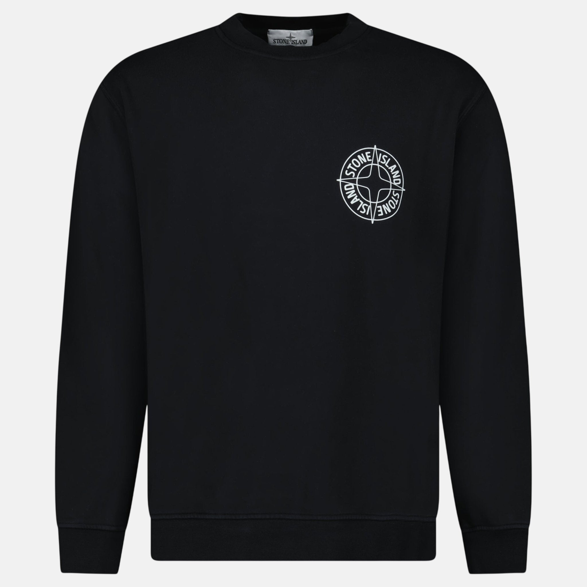Stone Island Compass Print Cotton Fleece Crewneck Sweatshirt Black