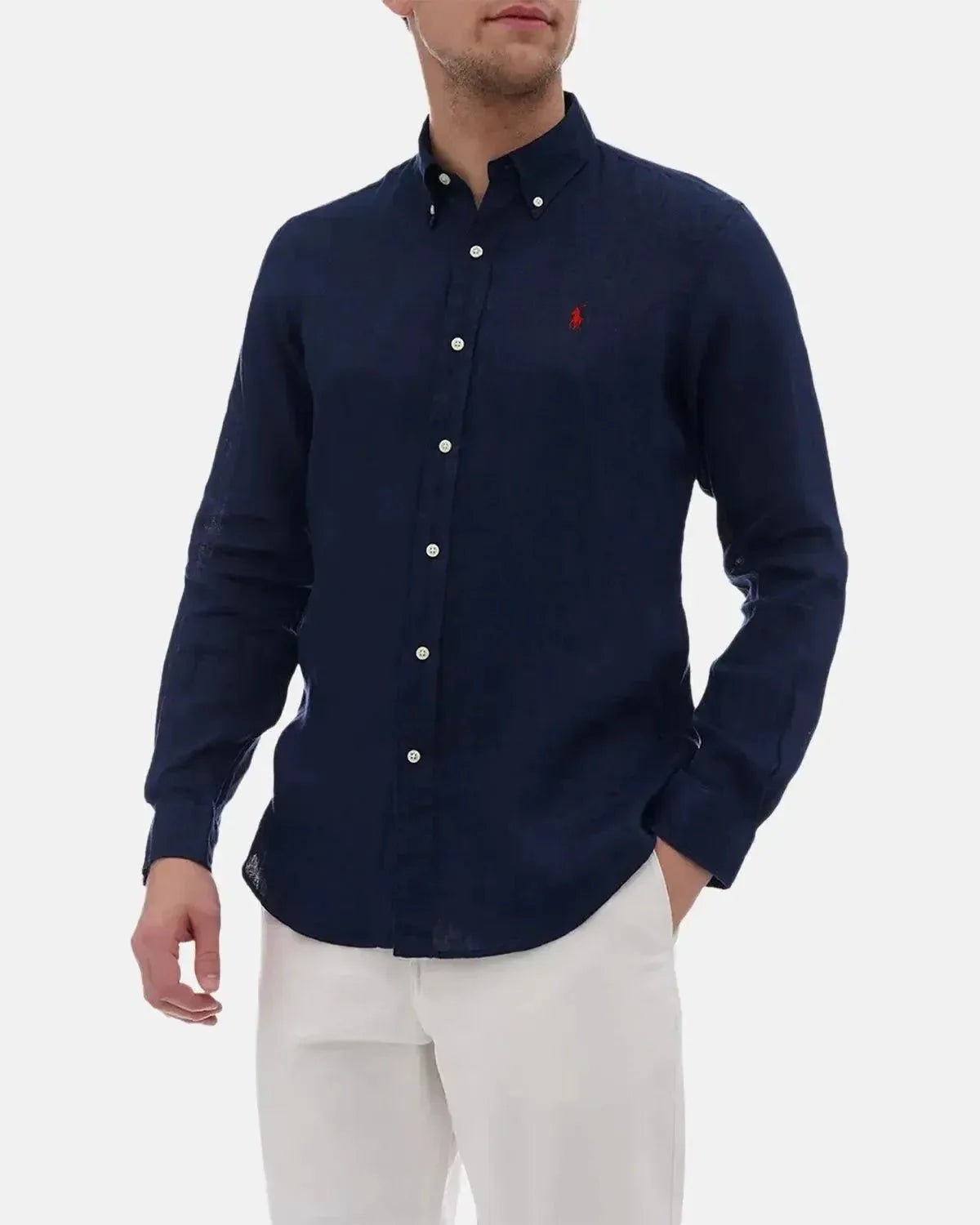 RALPH LAUREN CUSTOM FIT LINEN SHIRT NEWPORT NAVY – RALPH-LAUREN-710966294-006-S | Studio DOS by Designer Outlet Sales