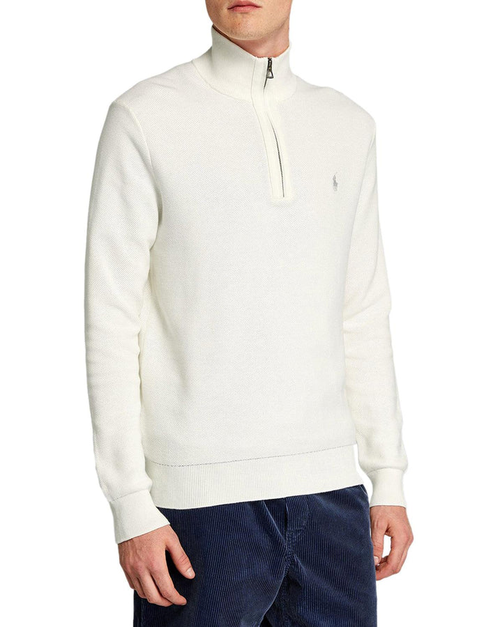 RALPH LAUREN MENS COTTON 1/4 ZIP JUMPER DECKWASH WHITE-Designer Outlet Sales