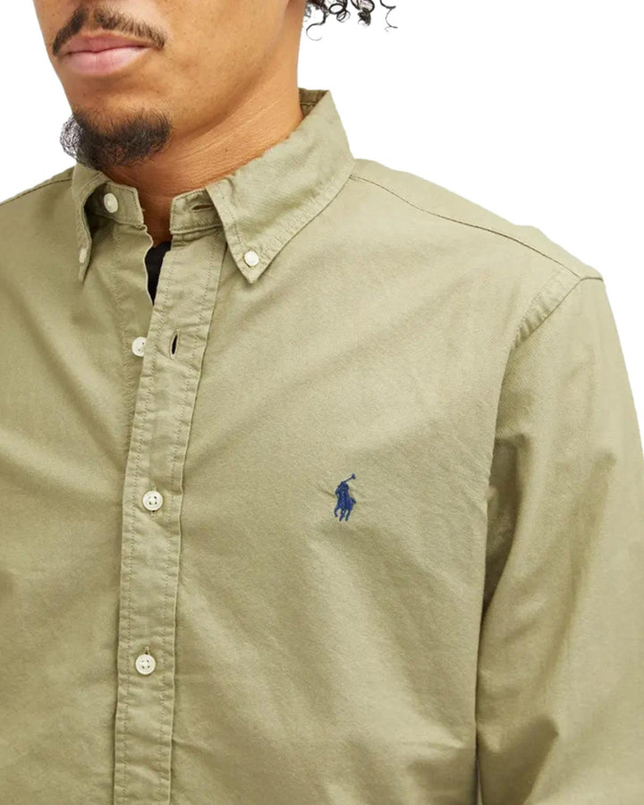 RALPH LAUREN MENS CUSTOM FIT GARMENT DYED OXFORD SHIRT SAGE GREEN-Designer Outlet Sales