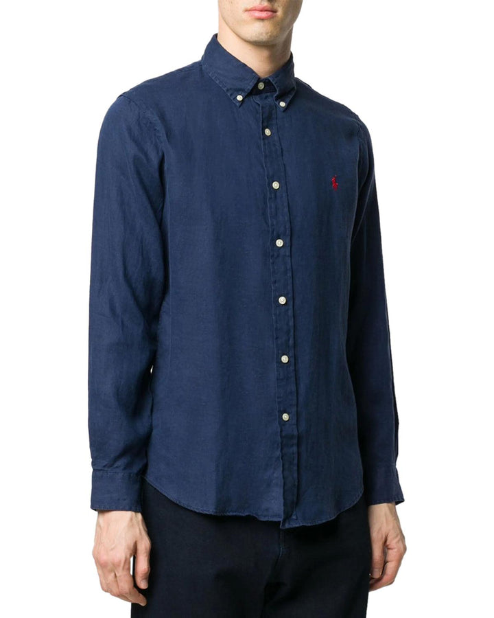 RALPH LAUREN MENS CUSTOM FIT LINEN SHIRT NEWPORT NAVY-Designer Outlet Sales