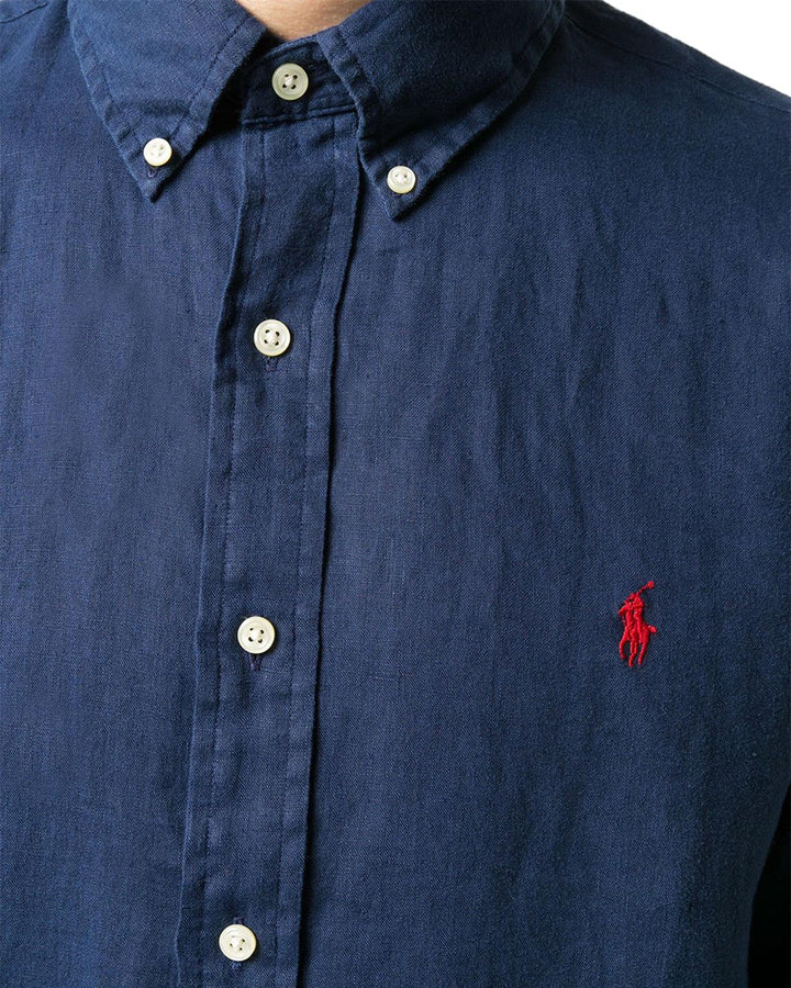 RALPH LAUREN MENS CUSTOM FIT LINEN SHIRT NEWPORT NAVY-Designer Outlet Sales