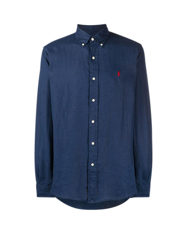 RALPH LAUREN MENS CUSTOM FIT LINEN SHIRT NEWPORT NAVY-Designer Outlet Sales