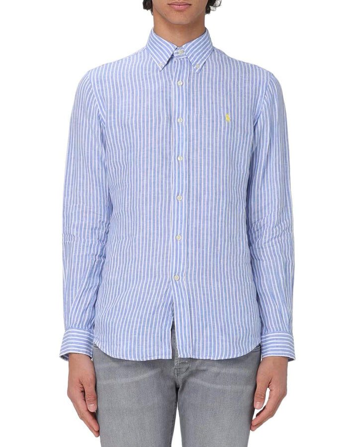 RALPH LAUREN MENS CUSTOM FIT STRIPED LINEN SHIRT BLUE WHITE-Designer Outlet Sales