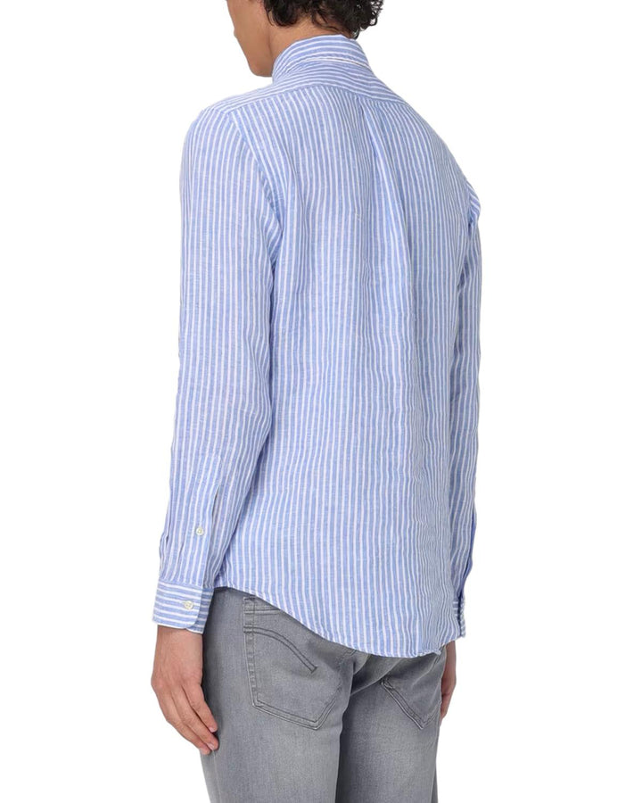 RALPH LAUREN MENS CUSTOM FIT STRIPED LINEN SHIRT BLUE WHITE-Designer Outlet Sales