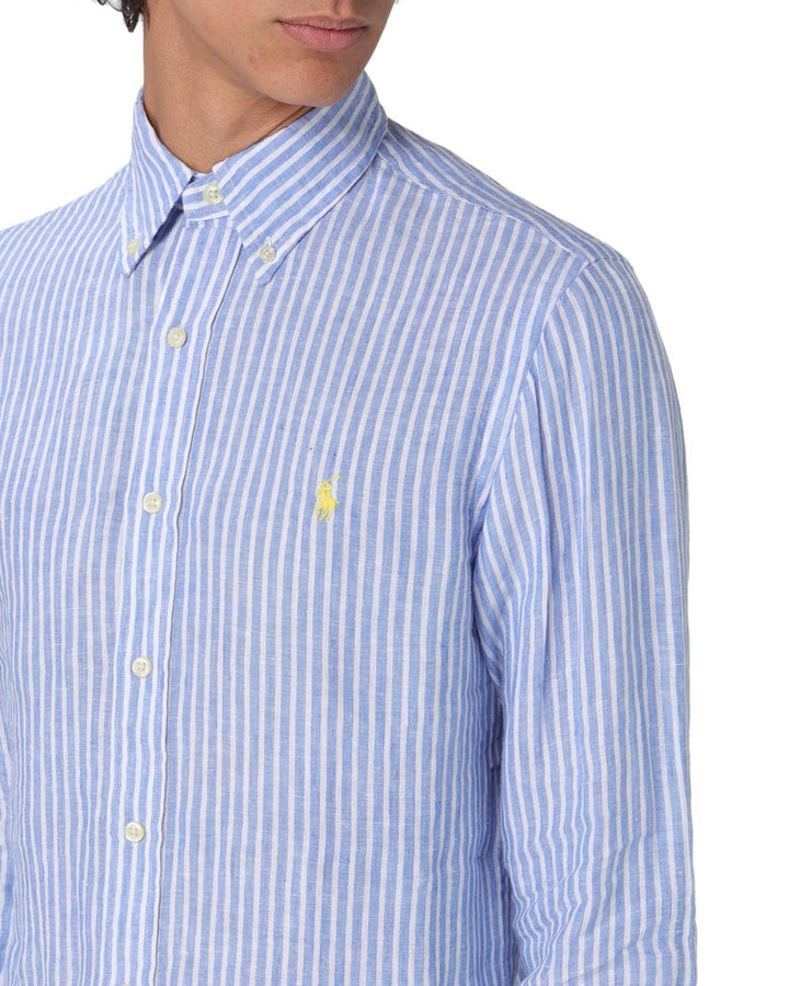 RALPH LAUREN MENS CUSTOM FIT STRIPED LINEN SHIRT BLUE WHITE-Designer Outlet Sales