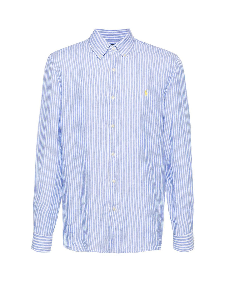 RALPH LAUREN MENS CUSTOM FIT STRIPED LINEN SHIRT BLUE WHITE-Designer Outlet Sales