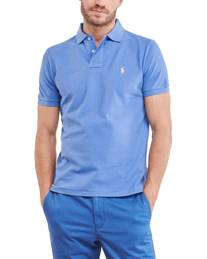 RALPH LAUREN MENS CUSTOM SLIM FIT MESH POLO SHIRT NEW ENGLAND BLUE-Designer Outlet Sales