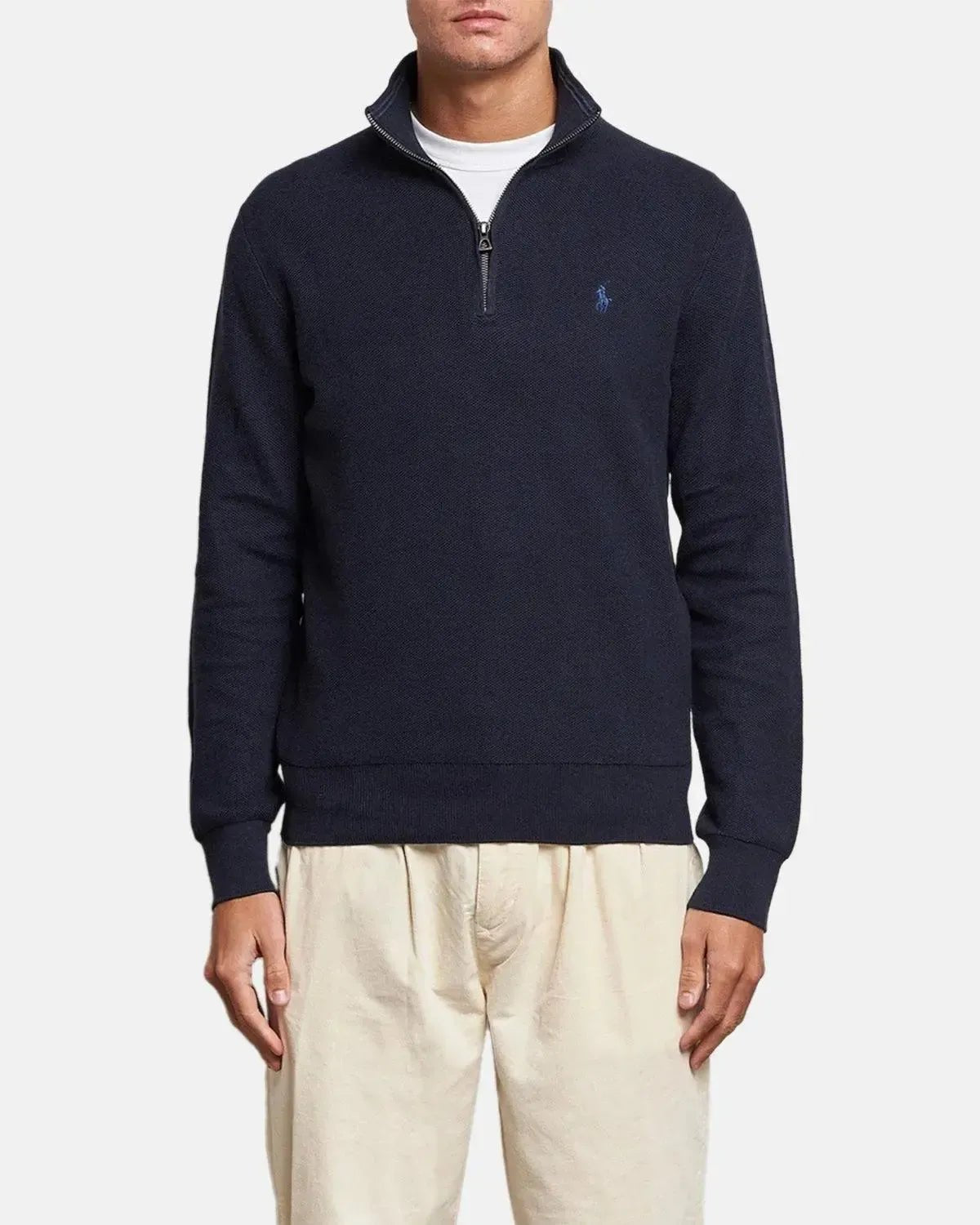 RALPH LAUREN MENS MESH KNIT COTTON 1/4 ZIP JUMPER HEATHER NAVY – RALPH-LAUREN-710932304-001-M | Studio DOS by Designer Outlet Sales