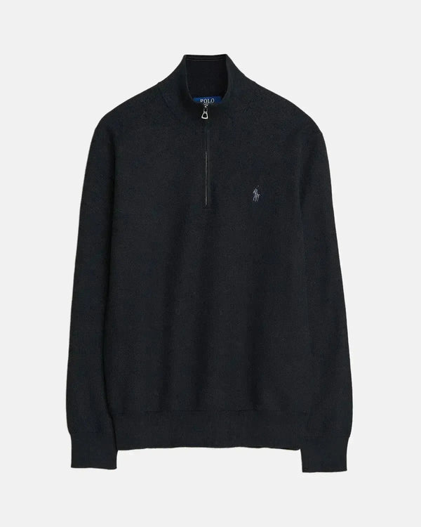 RALPH LAUREN MENS MESH KNIT COTTON 1/4 ZIP KNIT BLACK-Designer Outlet Sales