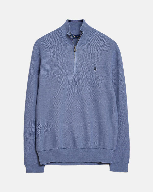 RALPH LAUREN MENS MESH KNIT COTTON 1/4 ZIP KNIT CAPRI BLUE-Designer Outlet Sales