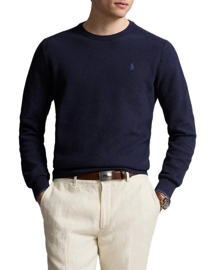 RALPH LAUREN MENS MESH-KNIT COTTON CREWNECK JUMPER NAVY HEATHER-Designer Outlet Sales