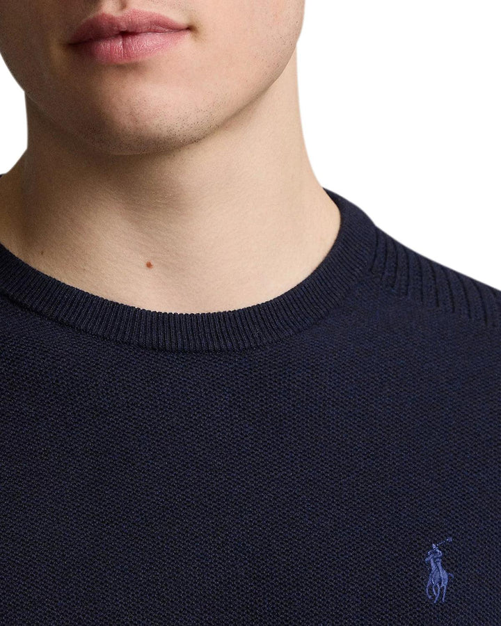 RALPH LAUREN MENS MESH-KNIT COTTON CREWNECK JUMPER NAVY HEATHER-Designer Outlet Sales