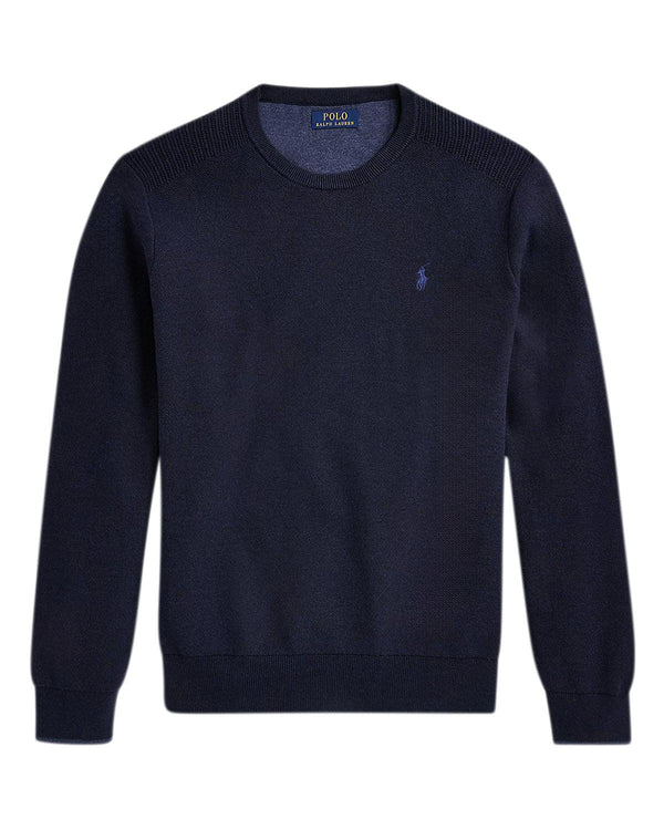 RALPH LAUREN MENS MESH-KNIT COTTON CREWNECK JUMPER NAVY HEATHER-Designer Outlet Sales