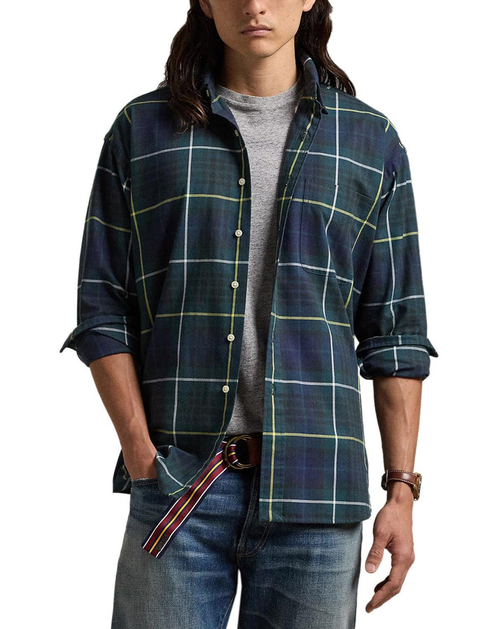 RALPH LAUREN MENS OVERSIZED PLAID BIG SHIRT NAVY GREEN-Designer Outlet Sales